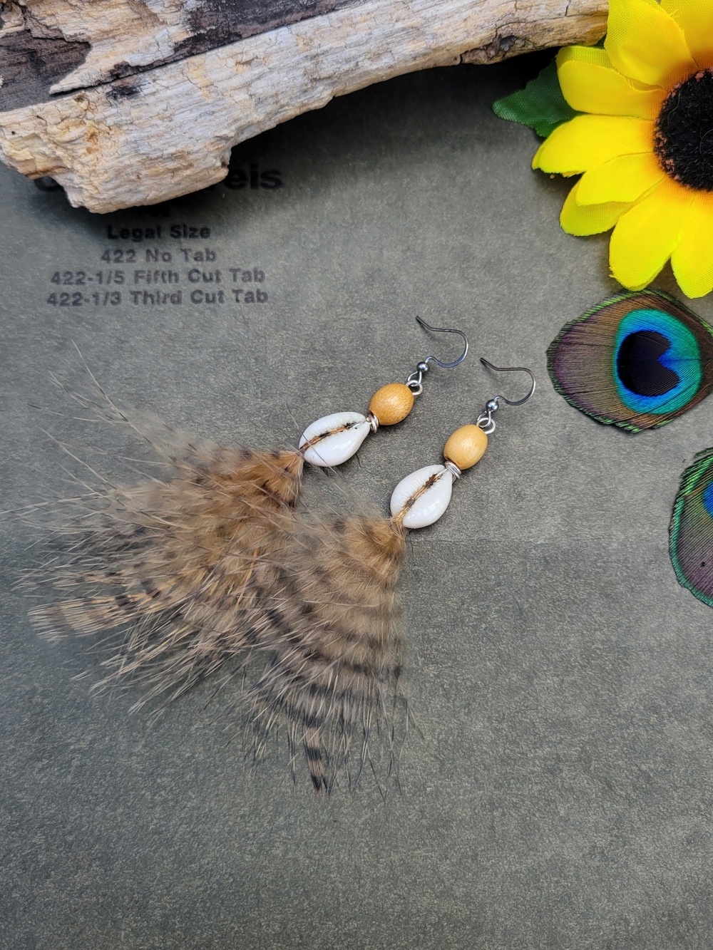 Handmade Shell and Feather Dangle Earrings - Natural Brown